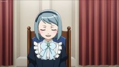 an anime character sitting in a chair with her eyes closed and one hand on her face