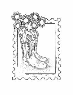 a rubber stamp with a boot and sunflowers in it