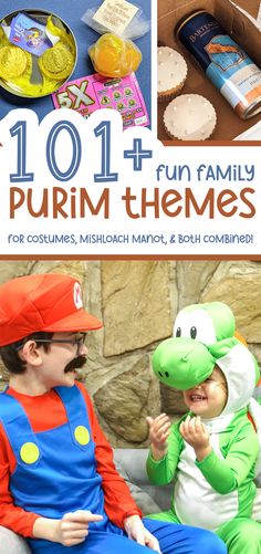 the cover of 101 fun family purim themes for costumes, mishaach match and both combined