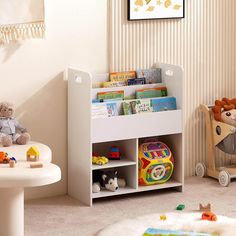 a child's bookshelf with toys in the corner