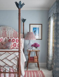 an image of a bedroom with blue walls and pink bedding on the bottom floor