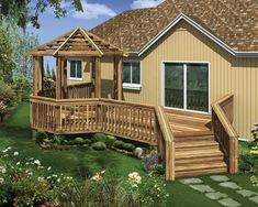 this is an artist's rendering of a deck and gazebo in front of a house