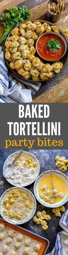 baked tortellini party bites on a table with plates and bowls full of food