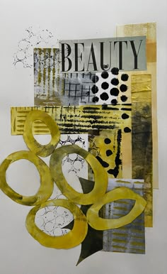 an abstract collage with yellow and black circles, dots, and lines on white paper