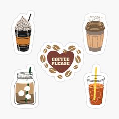 four stickers with different types of coffee