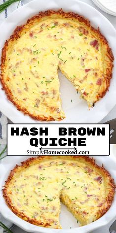 hash brown quiche with one slice missing from it