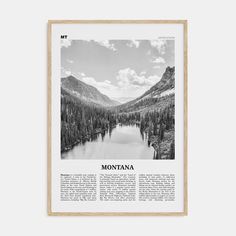 the mountains and trees are featured in this black and white photo, with text that reads montana