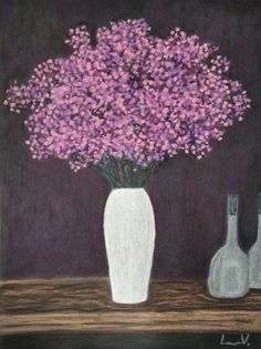 a painting of flowers in a white vase next to two empty bottles on a table