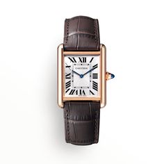 Tank Louis Cartier Watch with Semi-Matte Brown Strap Tank Louis Cartier, Cartier Watches Mens, Beaded Crown, Tank Watch, Sapphire Cabochon, Rose Gold Watches Women, Brown Watches, Alligator Skin, Cartier Tank