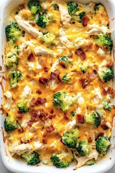 a casserole dish with broccoli, chicken and cheese