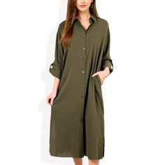 The Anna-Kaci Women's Long Sleeve Button-Down Midi Shirt Dress is a perfect blend of casual elegance and effortless style. This versatile dress features a relaxed fit with a classic button-down front, making it easy to dress up or down. The convenient side pockets add a practical touch, while the midi length offers a chic and modern silhouette. Ideal for pairing with flats for a laid-back look or dressing up with heels for a more polished ensemble, this shirt dress is a must-have for any wardrob