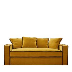 a yellow couch with four pillows on the back and one pillow in front of it