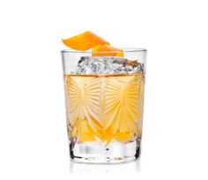 an orange slice sitting on top of a glass filled with ice