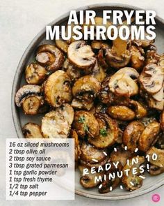 an advertisement for air fryer mushrooms on a plate with information about how to cook them