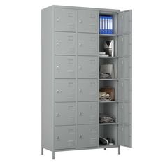 a large locker with many compartments on the front and side, all in grey color