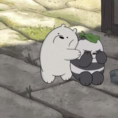 two cartoon bears are sitting on the ground next to each other and one is holding onto another bear