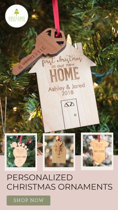 personalized christmas ornament hanging on a tree in front of a house with the name