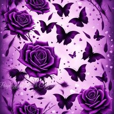 purple roses and butterflies on a pink background