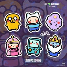 four stickers with different cartoon characters on the front and back of them, all in different colors