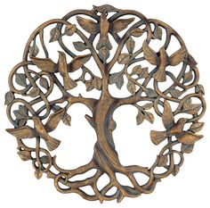 a metal tree with birds on it's branches and leaves in the shape of a circle