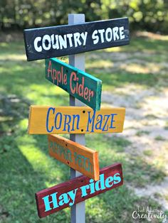 a wooden sign with many different colored signs on it's post in the grass