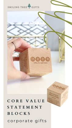 a wooden block that says core value statement blocks corporate gifts