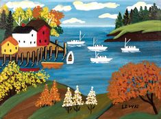 a painting of boats in the water near trees and houses with yellow leaves on them