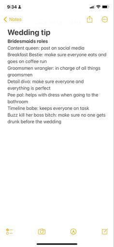 the wedding tip app is shown on an iphone screen, with text in yellow and black