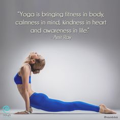 a woman is doing yoga in front of a gray background with a quote from amii ray