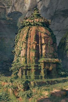 an artistic painting of a stone structure with vines growing on it's face and sides