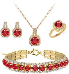 PRICES MAY VARY. ♥Red Birthstone Jewelry Set for Women♥: Brand Name: Paxuan. Material: Platinum / Gold Plated Stainless Steel Chain (environmental friendly and hypoallergenic) + Cubic Zirconia. Size: Necklace: 15.5'' + 2.5'' Extension. Pendant: 0.7'' in length, 0.4'' in width. Earrings: 0.5'' in length, 0.3'' in width. Bracelet: 7.3'' + 2.5'' Extension. Ring: Adjustable.Weight: 30g/set (Perfect weight, comfortable to wear). Color: Gold plated color red cubic zircon. ♥Classic Design♥: This women Prom Jewelry Sets, Ruby Birthstone, Gold Jewelry Sets, Prom Jewelry, Women's Jewelry Sets, Red Necklace, Jewelry Model, Rhinestone Necklace, Wedding Jewelry Sets