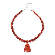 Jay King Red & Orange Branch Coral Necklace The deep red and orange colors of natural coral harvested from the waters of Indonesia make this bold necklace design the kind of stunning statement piece that will help you stand out from the crowd! From Jay King.       Necklace approx. 18-1/4"L x 1/2"W with 2-3/4" extender     Drop approx. 2-1/4"L x 1-1/8"W     Stamped .925     Hook closure     Orange/red coral necklace has freeform center drop     Round, orange/red coral beads strung in slight gradu Red Beaded Pendant Necklace With Natural Stones, Red Coral Pendant Necklace, Orange Gemstone Beads Necklace In Red Coral, Red Coral Necklace With Natural Stones, Orange Branch, King Necklace, Ireland Fashion, Red Coral Necklace, Bold Necklace