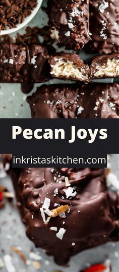 chocolate covered pecan joys with coconut flakes on top and in the background