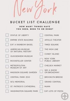 the new york bucket list is shown in pink and white with text that reads, bucket list challenge