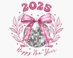 a new year's card with a disco ball and pink ribbon on the front