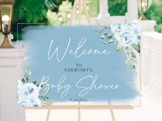 Acrylic Welcome Sign,Floral Baby Shower Sign, Painted Background White Pink Blue, Personalized Baby Shower Sign by TMDesigns11 on Etsy Night Nursery, Sign Decorations, Baby Shower Cupcake Toppers