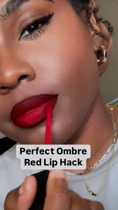 Dark Skin Makeup Red Lips, Red Lips Black Women, Black Dress Makeup Ideas Classy, Red Lipstick Black Women, Red Lip Combo For Brown Skin, Red Lip Makeup Look Black Women, Makeup With Red Lipstick Black Women, Good Lip Combos, Black And Red Makeup