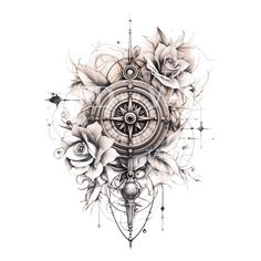 a compass and flowers tattoo design on a white background