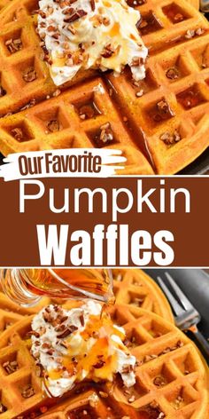 pumpkin waffles with whipped cream on top and syrup drizzled over them