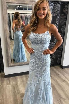 Key Features:1.Silhouette:Mermaid2.Fabric:Lace3.Neckline:Spaghetti Straps4.Hemline/Train:Short Train5.Sleeve Length:Sleeveless6.Waistline:Natural7.Embellishment:Lace,Applique8.Back Details:Backless9.Fully Lined:Yes10.Built-In Bra:Yes11.Boning:Yes Any questions about the item, feel free to Contact Us Blue Lace Prom Dress, Blue Mermaid Prom Dress, Light Blue Prom Dress, Blue Evening Gowns, Blue Prom Dress, Formal Ball Gown, Spaghetti Strap Prom Dress, Lace Party Dresses