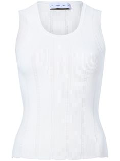 off-white compact pointelle rib knitted construction scoop neck sleeveless straight hem White Pointelle Knit Tank Top For Spring, Elegant Pointelle Knit Tank Top For Spring, White Knit Tops With Scoop Neck, Spring White Tank Top With Ribbed Neckline, White Tank Top With Ribbed Crew Neck, Chic White Tank Top With Ribbed Neckline, White Knit Scoop Neck Top, White Crew Neck Tank Top With Ribbed Neckline, White Pointelle Knit Fitted Top