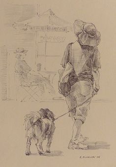 a drawing of a person walking a dog