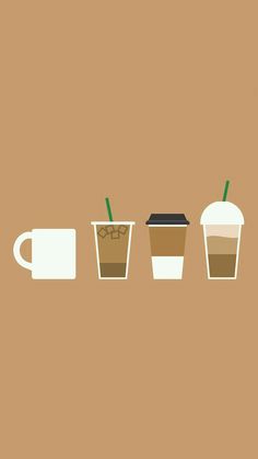 three coffee cups with straws and glasses are shown in this minimalist style poster