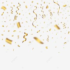 gold streamers and confetti on a white background, party, celebration, festive png and psd