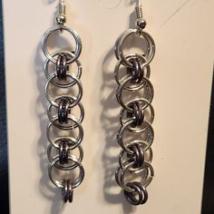 Silver And Gray Chainmail Earrings Chainmail Projects, Chain Mail Earrings, Spike Ear Cuff, Chainmail Earrings, Chainmaille Earrings, Chainmaille Jewelry, Chain Maille Jewelry, Ear Stack, Heart Dangle Earrings