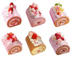 six different types of cakes with strawberries on top