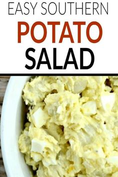 potato salad in a white bowl with text overlay