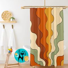 a shower curtain with an abstract design in orange, yellow and green colors on it