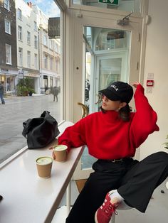 Cos jumper, Arket belt, Uniqo trousers, TALA hat, Adidas gazelles London coffee shop, Red outfit, London girl, Winter outfit inspo, Scandi inspired Red Sneakers Outfit, Red Shoes Outfit, Red Sweater Outfit, Jumper Outfit, Adidas Outfit, Red Sweater, Red Adidas, Outfits With Hats