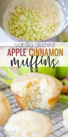 an apple cinnamon muffin is on a cooling rack with apples and other ingredients in the background